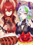  2girls :s absurdres bare_shoulders black_gloves blue_hair blush breasts bridal_gauntlets bsapricot_(vtuber) cake cleavage cleavage_cutout closed_eyes clothing_cutout collarbone commentary commission commissioner_upload cross cross_earrings demon_horns demon_wings dragon_girl dragon_horns dragon_wings earrings eating english_commentary eyebrows_visible_through_hair eyeshadow fangs fishnets food food_on_face fork fruit fur_trim gloves green_hair hair_between_eyes hair_ornament highres holding holding_fork horn_piercing horns jewelry kinsenka_momi lace-up_gloves large_breasts lich makeup meat medium_breasts midriff mini_wings multicolored_hair multiple_girls multiple_horns open_mouth pointy_ears purple_horns purple_nails purple_wings red_hair red_nails ring see-through short_hair_with_long_locks skeb_commission strawberry streaked_hair tiara utensil_in_mouth virtual_youtuber vshojo wavy_mouth wings yellow_eyes zentreya_(vtuber) 