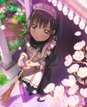  1girl abo_(kawatasyunnnosukesabu) apron bamboo_broom black_hair blurry blurry_foreground braid broom cherry_blossoms commentary depth_of_field french_braid highres holding long_hair looking_at_viewer looking_up maid maid_apron maid_headdress original petals solo twintails 