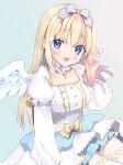  1girl :d blonde_hair blue_background blue_bow blue_eyes bow breasts character_request commentary_request dress feathered_wings gradient gradient_background grey_background hair_bow hand_up highres holding indie_virtual_youtuber long_hair long_sleeves looking_at_viewer medium_breasts mimikaki open_mouth pleated_dress puffy_long_sleeves puffy_short_sleeves puffy_sleeves rimo short_over_long_sleeves short_sleeves smile thighhighs very_long_hair virtual_youtuber white_dress white_legwear white_wings wings yellow_bow 