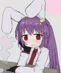  1girl :d animal_ears blush bunny_ears cigarette collared_shirt eyebrows_visible_through_hair gloves hair_ornament long_hair looking_at_viewer necktie open_mouth purple_hair red_eyes reisen_udongein_inaba shirt smile smoking solo touhou vreparty 