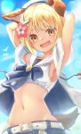  1girl :d absurdres animal_ears armpits arms_behind_head arms_up bangs bare_shoulders belt blonde_hair blue_neckwear blue_shorts blue_sky blush braid breasts cloud commentary_request cowboy_shot day dog_ears dog_tail erune eyebrows_behind_hair fang flower granblue_fantasy groin hair_flower hair_ornament hat highres hood hood_down hooded_jacket jacket kanimiso_(juutilainen77) lens_flare looking_at_viewer midriff navel neck_ribbon open_clothes open_jacket open_mouth paw_print ribbon sailor_bikini sailor_collar sailor_hat short_hair shorts sideboob sidelocks sky sleeveless sleeveless_jacket smile solo standing swimsuit tail vajra_(granblue_fantasy) white_belt white_headwear white_jacket white_sailor_collar 