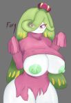 1girl absurdres breasts eyebrows_visible_through_hair fuxy gen_7_pokemon green_hair highres large_breasts long_hair looking_at_viewer monster_girl nipples pink_eyes pokemon pokemon_(creature) signature simple_background solo thick_thighs thighs tsareena 
