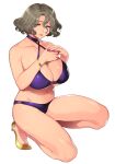  1girl bikini bracelet breasts character_request cleavage collarbone copyright_request grey_hair hair_between_eyes half-closed_eyes highres jewelry large_breasts legs looking_at_viewer mature mogiki_hayami mole mole_under_mouth nail_polish navel pink_nails purple_bikini red_eyes short_hair simple_background smile solo squatting swimsuit white_background 
