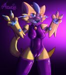  2021 anthro azurioad biped blue_pawpads blush breasts camel_toe claws clothing fangs female finger_claws genitals hi_res legendary_pok&eacute;mon legwear leotard nintendo pawpads pok&eacute;mon pok&eacute;mon_(species) purple_background purple_theme pussy rubber rubber_suit shaded simple_background solo thigh_highs video_games zeraora 