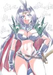  1girl armor blue_eyes breasts cape circlet cleavage gloves jewelry large_breasts long_hair looking_at_viewer naga_the_serpent navel necklace open_mouth purple_hair retro_artstyle revealing_clothes simple_background slayers smile solo sword tukiwani weapon white_background 