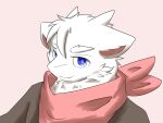  anthro blue_eyes clothed clothing dragon dragontim_(character) fur furred_dragon hi_res looking_at_viewer male pink_background simple_background solo whip_collar white_background white_body white_fur 
