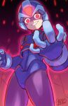 1boy android armor blue_bodysuit blue_headwear bodysuit commentary copy_x_(mega_man) cowboy_shot evil_smile forehead_jewel from_below glowing helmet highres looking_at_viewer male_focus mega_man_(series) mega_man_zero red_eyes ringed_eyes shoutaro_saito signature smile solo standing 