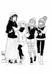  4girls absurdres ayari_(shinmai_shimai_no_futari_gohan) beanie blonde_hair boots choma_(pixiv27726045) eyebrows_visible_through_hair greyscale hair_bun hat highres holding holding_another&#039;s_arm holding_map kagamihara_nadeshiko long_skirt long_sleeves map monochrome multiple_girls open_mouth pantyhose pleated_skirt sachi_(shinmai_shimai_no_futari_gohan) scarf shima_rin shinmai_shimai_no_futari_gohan shoes simple_background skirt sneakers surprised white_background yurucamp 