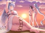  3girls absurdres animal_ears arm_up armlet armpits arms_behind_back ass bangs bare_shoulders barefoot bikini black_hair blue_eyes blunt_bangs blush bracelet braid breasts bridal_gauntlets erune eyebrows_visible_through_hair foot_out_of_frame from_behind granblue_fantasy hair_ribbon hand_on_own_head heles highres ilsa_(granblue_fantasy) jewelry korwa large_breasts long_hair looking_at_viewer lying melopun multiple_girls on_side one-piece_swimsuit outdoors parted_lips purple_eyes red_ribbon ribbon see-through silver_hair sleeveless smile sun swimsuit thigh_strap thighlet thighs very_long_hair water white_bikini 