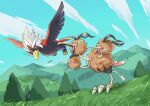  absurdres braviary brown_fur closed_mouth commentary_request day dodrio flying from_below gen_1_pokemon gen_5_pokemon grass highres hill leaves_in_wind open_mouth outdoors pokemon pokemon_(creature) q-chan sky standing tongue tree 
