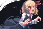  1girl blonde_hair blouse bow breasts darkness dress_shirt fuukadia_(narcolepsy) hair_bow hair_ribbon long_sleeves necktie open_mouth red_bow red_eyes red_neckwear red_ribbon ribbon rumia sharp_teeth shirt short_hair skirt solo teeth touhou vest white_blouse white_shirt wing_collar 