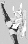  1girl animal_ears arm_up armpits bangs bare_shoulders boku_no_hero_academia breasts bunny_ears commentary_request greyscale grin highres leg_hold leotard long_hair looking_at_viewer mirko monochrome nstime23 parted_bangs smile solo split standing standing_on_one_leg standing_split superhero thighhighs 