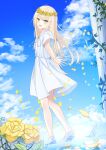  1girl :d bangs blonde_hair blue_sky blush center_frills cloud cloudy_sky column dress facing_away floating_hair flower frills from_behind full_body green_eyes head_wreath highres ivy leaf leaves_in_wind long_hair looking_at_viewer open_hand open_mouth original outstretched_arm pillar senri_(senri_sen) shoes short_sleeves sky smile solo walking white_dress white_footwear wind 
