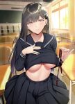  1girl bangs black_hair breasts chalkboard classroom closed_mouth commentary_request curtains desk eyebrows_visible_through_hair gentsuki highres holding_neckwear indoors large_breasts long_hair looking_at_viewer navel original pink_eyes pleated_skirt school_desk school_uniform serafuku skirt smile underboob window 