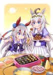  2girls :q :t ahoge animal_ears bangs black_bow black_hair blue_eyes blue_hairband blush bow closed_mouth commentary_request cooking eating eyebrows_visible_through_hair food food_on_face grey_hair hair_between_eyes hairband highres holding holding_food holding_plate horse_ears horse_girl horse_tail long_hair multicolored_hair multiple_girls oguri_cap_(umamusume) plate pleated_skirt puffy_short_sleeves puffy_sleeves purple_shirt sansei_rain school_uniform shirt short_sleeves skirt smile sparkle streaked_hair table tail takoyaki tamamo_cross_(umamusume) tongue tongue_out tracen_school_uniform umamusume v-shaped_eyebrows very_long_hair white_skirt 