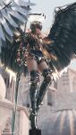  1girl armor boots feathered_wings full_body ghostblade helmet highres lance lips mechanical_halo nose patreon_logo patreon_username plate_armor polearm sarlia_(ghostblade) shoulder_armor solo spaulders thigh_boots thighhighs valkyrie weapon wings wlop 