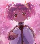  1girl animal autumn_(ota_mn) backlighting blurry cat cherry_blossoms closed_mouth dappled_sunlight day depth_of_field dot_nose eyebrows_visible_through_hair feet_out_of_frame flower from_below hair_ribbon hand_on_own_knee happy high_collar juliet_sleeves kaname_madoka kneeling knees_together_feet_apart light_blush long_sleeves looking_at_viewer mahou_shoujo_madoka_magica mitakihara_school_uniform neck_ribbon outdoors outstretched_hand petals pink_eyes pink_flower pink_hair pink_theme puffy_sleeves reaching_out red_ribbon reflective_eyes ribbon school_uniform shiny shiny_hair signature skindentation smile solo spring_(season) sunlight tareme thighhighs tree tree_branch twintails uniform white_legwear zettai_ryouiki 