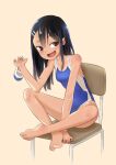  barefoot beige_background black_hair blue_swimsuit brown_eyes chair competition_swimsuit dark_skin dark_skinned_female fang feet full_body highres ijiranaide_nagatoro-san long_hair nagatoro_hayase one-piece_swimsuit one-piece_tan open_mouth shoes shoes_removed simple_background sitting skin_fang smile swimsuit tan tanline uwabaki yuze 