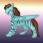  1:1 brown_hair chakona_space equid equine eyes_closed feathered_wings feathers felid female feral foxenawolf fur gradient_background green_body green_fur hair horse hybrid mammal open_mouth pony simple_background solo striped_body striped_fur stripes wings 