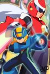  2boys aiming arm_blade arm_cannon black_bodysuit black_hair blue_bodysuit blue_headwear blurry blurry_background bodysuit clenched_teeth closed_mouth commentary english_commentary green_eyes hand_on_own_arm helmet highres long_hair looking_to_the_side male_focus mega_man_(series) mega_man_battle_network megaman.exe multiple_boys netnavi protoman.exe red_headwear serious short_hair shoutaro_saito signature smile standing teeth visor weapon white_hair 