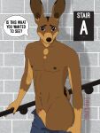  3:4 animal_genitalia animal_penis anthro big_ears black-tailed_jackrabbit bottomwear braille_text brick_wall brown_body brown_eyes brown_fur canid canine canine_penis canis clothing denim denim_clothing dingo fluffy fluffy_tail fur genitals gloves_(marking) hare hi_res hybrid inner_ear_fluff jeans lagomorph leporid male mammal markings muscular nipples pants penis pulling_pants_down rabbit railing red_penis shadow sheath short_tail signature smile solo speech_bubble spots stairs syrupcoyote tan_markings text travis_(syrupcoyote) tuft wall_(structure) 