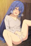  1girl ahoge blue_hair closed_eyes commentary itose_ikuto long_hair masturbation masturbation_through_clothing mushoku_tensei no_pants panties pussy_juice roxy_migurdia sitting solo spread_legs underwear white_panties 