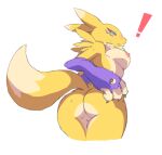  ! anthro black_sclera blue_eyes breasts butt canid canine digimon digimon_(species) female heiyuu hi_res mammal mostly_nude nipples rear_view renamon simple_background sketch solo white_background 