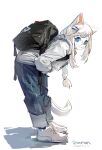  2021 anthro backpack black_backpack blue_eyes bottomwear clothed clothing denim denim_clothing domestic_cat eyewear felid feline felis female footwear fully_clothed fur glasses hair hi_res hoodie jacket jeans kemono long_hair looking_at_viewer mammal pants shiiorina shoes simple_background solo topwear whiskers white_background white_body white_clothing white_fur white_jacket white_topwear 