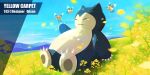  artist_name claws closed_eyes cutiefly day designer_ojisan fangs fangs_out flower gen_1_pokemon gen_7_pokemon grass hand_up highres lying mountainous_horizon no_humans number on_back outdoors pokedex_number pokemon pokemon_(creature) sky smile snorlax yellow_flower 