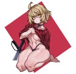  1girl ahoge bags_under_eyes barefoot black_choker black_panties blonde_hair borrowed_character breasts choker chris_(babo) clothes_lift full_body highres large_breasts lifted_by_self navel no_bra no_pants original panties planted_weapon red_background red_sweater scissors seiza short_hair short_stack sitting solo stomach sweater sweater_lift thick_thighs thighs toned two-tone_background underwear waa153 weapon white_background yellow_eyes zipper_pull_tab 