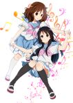  2girls bass_clef black_hair black_legwear blue_sailor_collar blue_skirt blush brown_eyes brown_hair closed_mouth hibike!_euphonium highres holding_hands kitauji_high_school_uniform komugiko kousaka_reina long_hair multiple_girls musical_note neckerchief oumae_kumiko pink_neckwear pleated_skirt purple_eyes sailor_collar school_uniform serafuku shirt shoes short_hair short_sleeves simple_background sitting skirt socks standing treble_clef uniform uwabaki white_background white_footwear white_legwear white_shirt 