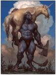  2021 abs ambiguous_gender anthro axe biceps bovid bovine brown_body brown_fur carrying clothing cloud digital_media_(artwork) duo eating equid equine feral fur grey_body grey_fur hair hi_res holding_axe holding_object hooves horn male mammal melee_weapon muscular muscular_anthro muscular_male navel nipples outside pecs sky standing taran_fiddler unicorn weapon 