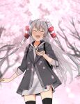  1girl amatsukaze_(kancolle) annin_musou black_jacket black_legwear blush buttons cherry_blossoms closed_eyes cowboy_shot eyebrows_visible_through_hair grey_hoodie hair_between_eyes hair_tubes hood hoodie jacket kantai_collection long_hair long_sleeves official_alternate_costume open_mouth petals silver_hair smile solo thighhighs two_side_up windsock 