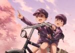  2boys :d backpack bag bicycle cherry_blossoms commentary gakuran glasses ground_vehicle hat male_focus multiple_boys multiple_riders noeyebrow_(mauve) omamori open_mouth original outdoors pointing round_eyewear school_uniform short_shorts shorts smile spring_(season) 