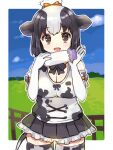  1girl :d animal_ears animal_print black_hair black_skirt border bottle bow breasts brown_eyes cleavage cloud commentary_request cow_ears cow_print cow_tail cowboy_shot cross-laced_clothes day elbow_gloves gloves grass hair_bow hands_up highres holding holding_bottle holstein_friesian_cattle_(kemono_friends) kemono_friends large_breasts multicolored_hair open_mouth orange_bow outdoors outline outside_border petticoat pleated_skirt shirt short_hair silver_hair skirt smile solo suicchonsuisui tail thighhighs two-tone_hair white_border white_gloves white_outline white_shirt 