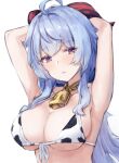  1girl ahoge animal_print armpits arms_behind_head arms_up bell blue_hair blush breasts cleavage commentary cow_print eyebrows_visible_through_hair ganyu_(genshin_impact) genshin_impact goat_horns highres horns kousi_sirazawa large_breasts long_hair purple_eyes simple_background solo upper_body white_background 