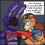  1_arm 2021 animatronic anthro big_ears blue_eyes bodypaint bottomwear bow_tie brown_body brown_fur brown_hair close-up clothed clothing dialogue dialogue_box ear_piercing ear_ring english_text eye_contact face_paint faceless_character faceless_male fangs five_nights_at_freddy&#039;s five_nights_at_freddy&#039;s:_security_breach five_nights_at_freddy&#039;s_2 fur glamrock_freddy_(fnaf) gregory_(fnaf) grey_background group hair hat headgear headwear hi_res human humor kinoselynn lagomorph leporid long_ears looking_aside looking_at_another machine male mammal multicolored_body multicolored_fur open_mouth overalls piercing portrait purple_body purple_fur purple_nose rabbit red_eyes robot rockstar round_ears sharp_teeth shirt short_hair shorts shoulder_guards simple_background tan_body tan_fur tan_skin teeth text tongue top_hat topwear two_tone_body two_tone_fur ursid video_games wire withered_bonnie_(fnaf) 