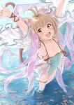  1girl akita_hika andira_(granblue_fantasy) animal_ears antenna_hair armpits arms_up bangs bare_shoulders blonde_hair blush breasts collarbone covered_navel erune granblue_fantasy green_swimsuit highleg highleg_swimsuit highres looking_at_viewer monkey_ears monkey_girl monkey_tail one-piece_swimsuit open_mouth orange_eyes revision shawl short_hair small_breasts smile swimsuit tail thighlet thighs two_side_up wading water wet 