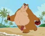  2019 anthro balls beach belly brown_body brown_fur clothing detailed_background drunk feet flip_flops footwear fur genitals hat headgear headwear humanoid_genitalia humanoid_hands humanoid_penis male mammal moobs morbidly_obese obese olo osos overweight overweight_male penis sandals seaside substance_intoxication ursid 