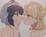  2girls animal_ear_fluff animal_ears bangs black_hair blonde_hair brown_eyes commentary_request common_raccoon_(kemono_friends) eye_contact eyebrows_visible_through_hair fennec_(kemono_friends) fox_ears grey_background hands_on_another&#039;s_face imminent_kiss kemono_friends light_blush looking_at_another medium_hair multicolored_hair multiple_girls nude parted_lips profile raccoon_ears short_hair silver_hair simple_background suicchonsuisui two-tone_hair upper_body yuri 