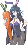  1girl alternate_costume animal_ears bangs black_legwear blue_hair breasts bunny_ears bunny_tail byleth_(fire_emblem) byleth_(fire_emblem)_(female) carrot cleavage cowboy_shot detached_sleeves fake_animal_ears fake_tail fire_emblem fire_emblem:_three_houses gloves groin hair_between_eyes hand_on_hip hand_up highres holding large_breasts leotard long_hair looking_at_viewer pantyhose playboy_bunny purple_eyes shimizu_akina simple_background solo standing strapless strapless_leotard tail thighs translation_request white_background white_gloves 