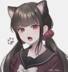  1girl animal_ears bangs banned_artist blunt_bangs cat_ears danganronpa_(series) danganronpa_v3:_killing_harmony hair_ornament harukawa_maki kemonomimi_mode long_hair looking_at_viewer low_twintails mole mole_under_eye nabekokoa open_mouth red_eyes red_scrunchie red_shirt school_uniform scrunchie shirt solo twintails 