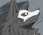  ambiguous_gender anthro black_body black_fur black_sclera canid canine canis changed_(video_game) fur grey_background mammal mask puro_(changed) simple_background snout solo whip_collar white_eyes wolf 