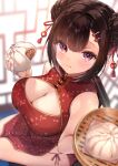  1girl :t bamboo_steamer baozi bare_arms bare_shoulders braid braided_bun breasts brown_hair calm_mashiro china_dress chinese_clothes cleavage cleavage_cutout clothing_cutout double_bun dress eating food gold_trim hair_ornament hairclip highres large_breasts looking_at_viewer original panties panty_peek pelvic_curtain pink_eyes red_dress red_panties short_dress short_hair side-tie_peek sidelocks sitting sleeveless sleeveless_dress solo string_panties thighs tied_hair underwear 