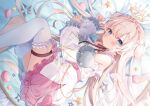  aliasing blue_eyes blush dress food halo kanda_done long_hair tagme_(character) tail thighhighs wings 