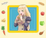  1girl apple bangs beige_background black_jacket blonde_hair blunt_bangs blush bread carrot cheese chicken_leg commentary_request eyebrows_visible_through_hair fire_emblem fire_emblem:_three_houses fish food fruit garreg_mach_monastery_uniform green_eyes hamburger hands_up holding holding_food ingrid_brandl_galatea jacket juliet_sleeves lettuce long_hair long_sleeves looking_at_viewer open_mouth puffy_sleeves shio_robin solo sweat tomato upper_body 