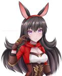  1girl absurdres amber_(genshin_impact) amber_(genshin_impact)_(cosplay) animal_ears april_(arknights) arknights bangs black_hair breasts brown_gloves bunny_ears cleavage commentary cosplay cropped_jacket genshin_impact gloves hair_between_eyes hairband hand_up highres jacket long_hair looking_at_viewer medium_breasts purple_eyes red_hairband red_jacket simple_background smile solo upper_body white_background zerorespect_bot 