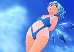  1girl alternate_costume alternate_hairstyle arms_behind_back bangs bare_shoulders blue_eyes blue_hair blue_ribbon blue_sky blue_swimsuit blue_theme blue_wings blush breasts cirno clothing_cutout cloud collarbone covered_nipples cowboy_shot day dutch_angle hair_ribbon ice ice_wings katsura_dendou light_blush looking_at_viewer navel navel_cutout one-piece_swimsuit one-piece_tan open_mouth outdoors ponytail ribbon shiny shiny_skin short_hair sky small_breasts solo standing stomach swimsuit tan tanline tanned_cirno tied_hair touhou wings 