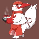  angry anthro apron beverage blush clothing coffee coffee_mug cup embarrassed hat headgear headwear mofurufu nintendo pok&eacute;mon pok&eacute;mon_(species) pokemon_cafe_mix service slightly_chubby video_games waiter zangoose 