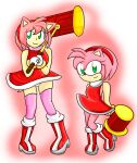  2girls amy_rose dress green_eyes hedgehog_girl highres humanization multiple_girls panties pantyshot piko_piko_hammer red_dress red_footwear simple_background sonic_(series) underwear white_panties xero-j 